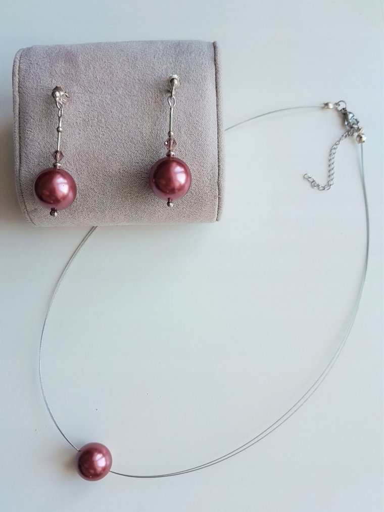 Komplet Naszyjnik + kolczyki różowa perła P. 925