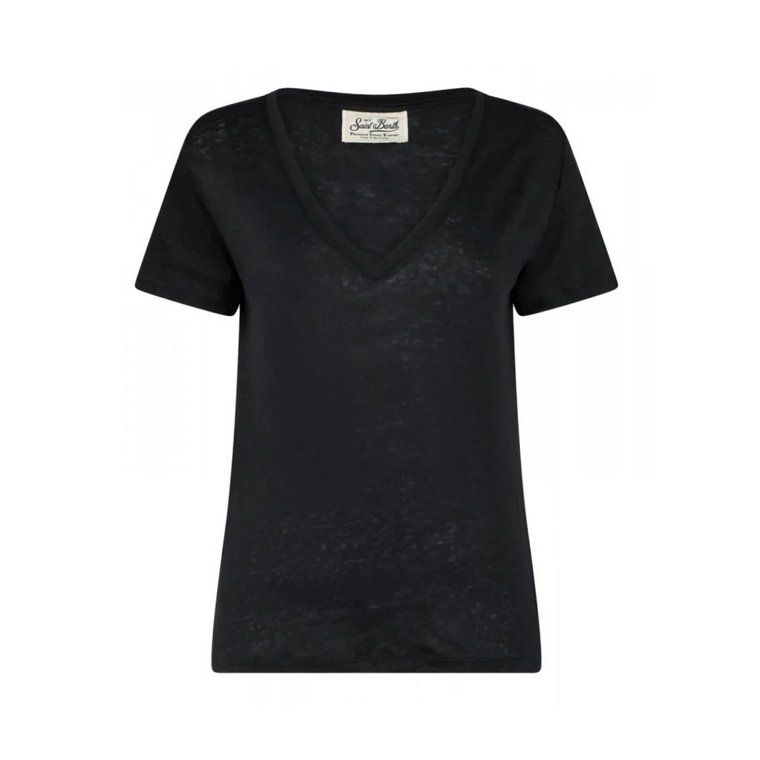 Eloise Czarny T-shirt z lnem i dekoltem w serek MC2 Saint Barth