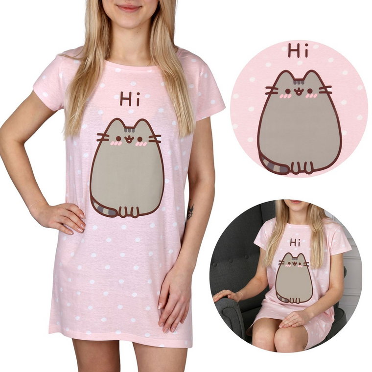 Pusheen Różowa, damska koszulka do spania w kropki, bawełniana koszulka nocna L