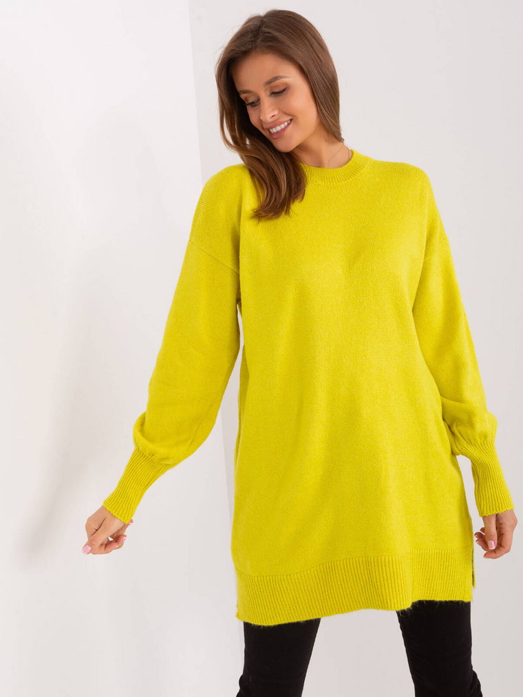 Sweter oversize limonkowy casual dekolt okrągły rękaw długi długość długa