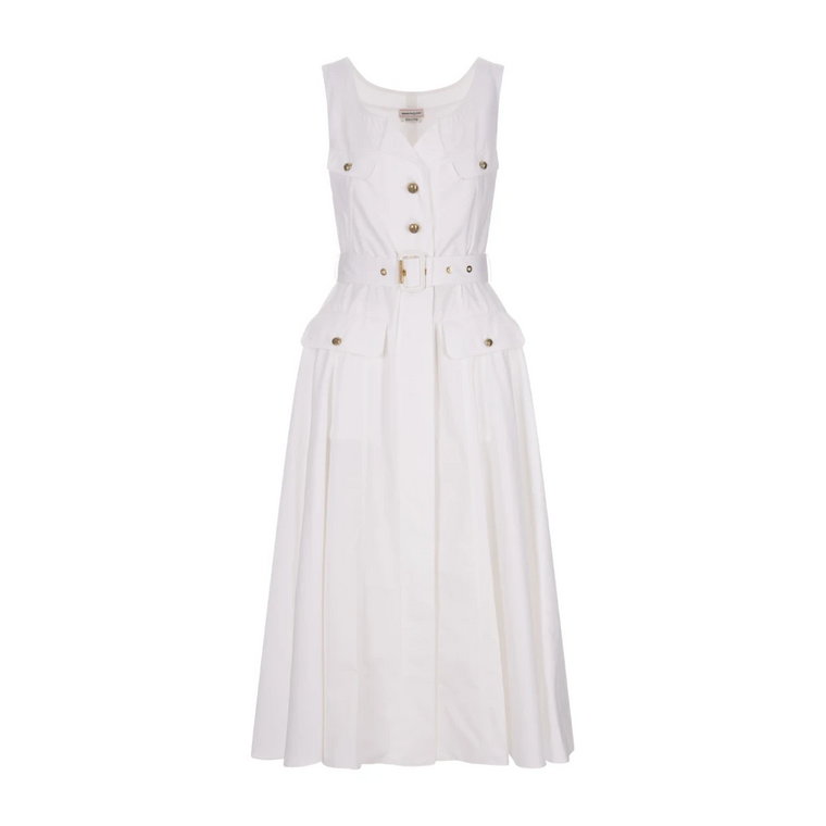 Biała Sukienka Maxi z Rozkloszowanym Dolem i Wojskowymi Kieszeniami Alexander McQueen
