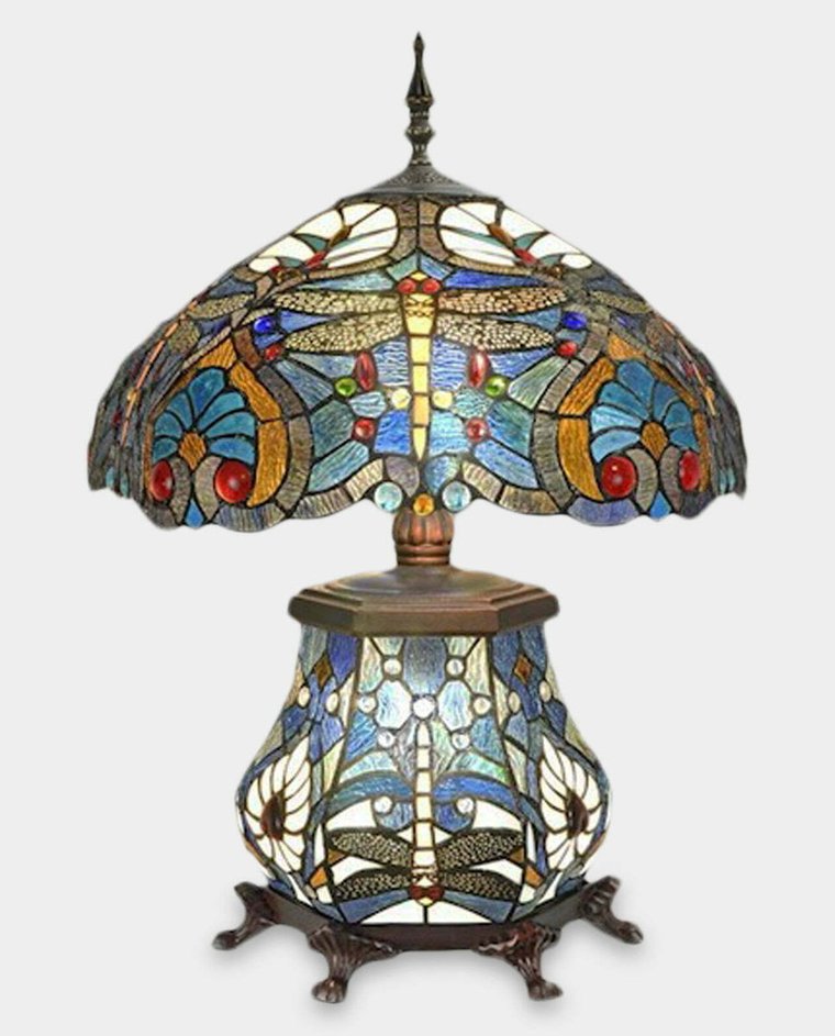 Lampa Witrażowa w Stylu Tiffany ze Świecącą Podstawą Ważka Granatowa