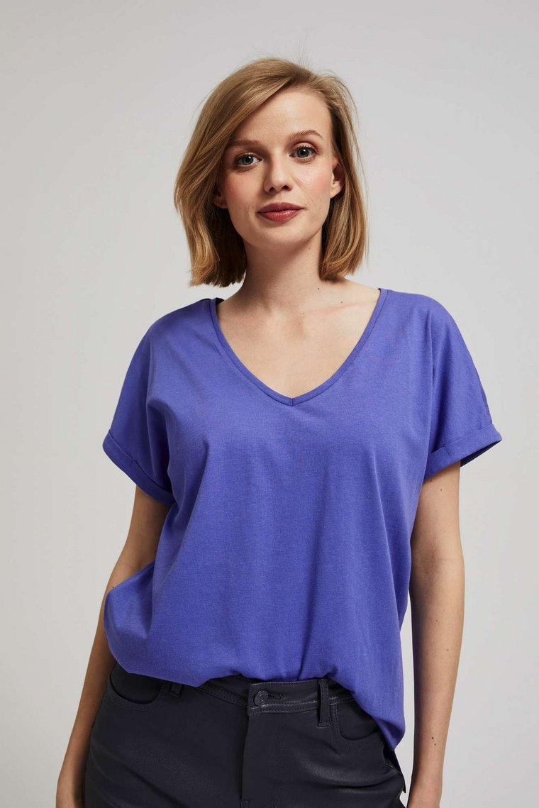 Bawełniany t-shirt z dekoltem w serek fioletowy