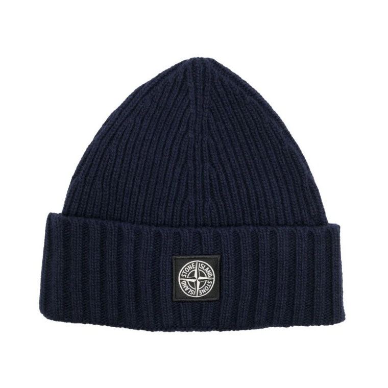 Navy Blue Ribbed Logo Beanie Stone Island