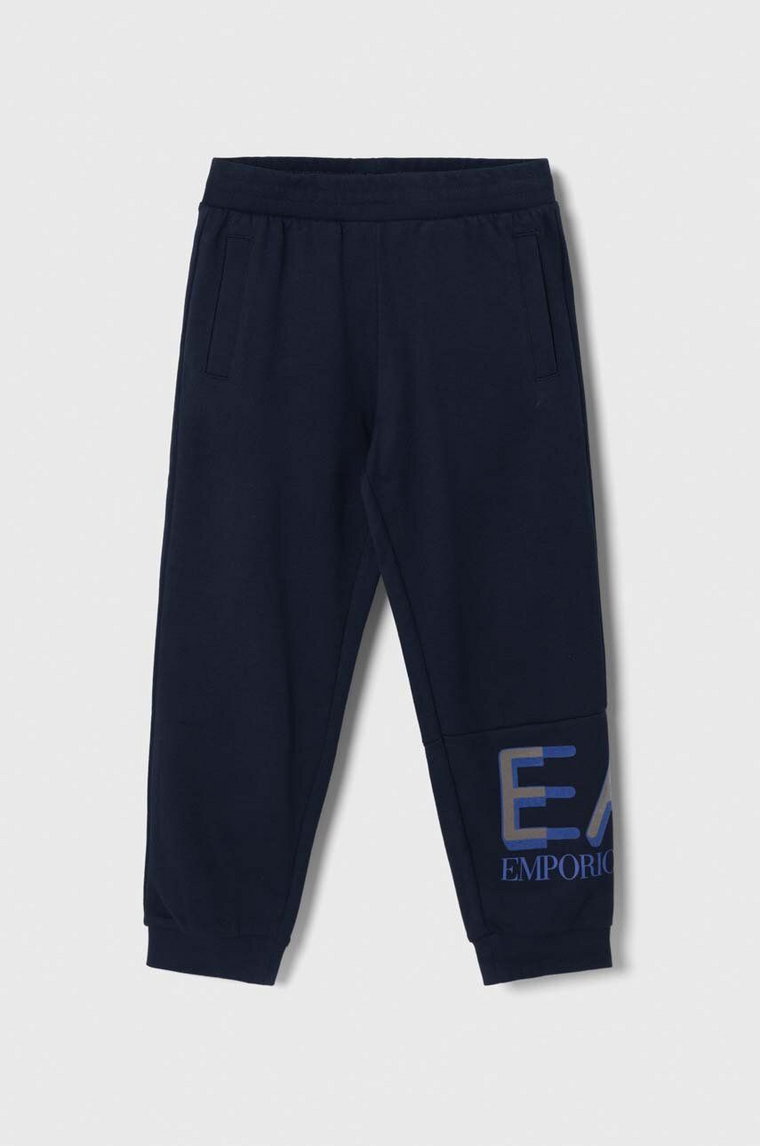 EA7 Emporio Armani spodnie dresowe bawełniane dziecięce kolor granatowy z nadrukiem