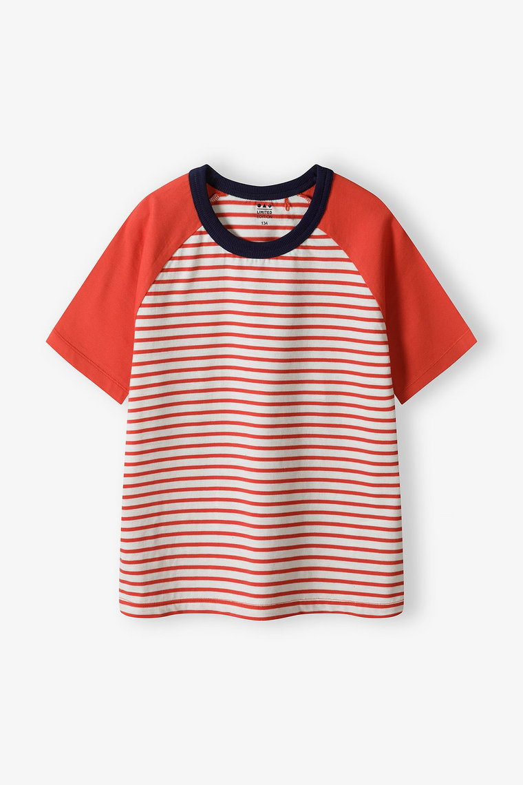 Czerwony dzianinowy t-shirt chłopięcy w paski - Limited Edition