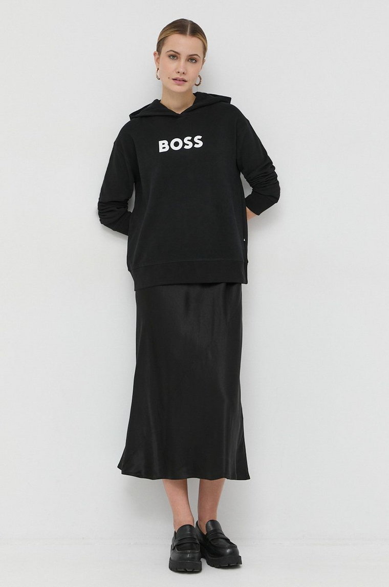 BOSS bluza bawełniana damska kolor czarny z kapturem z nadrukiem 50468367