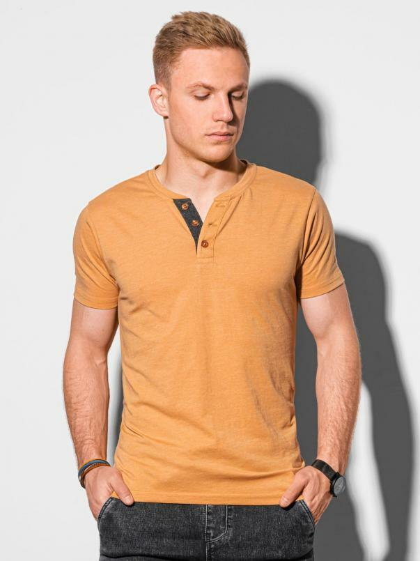 T-shirt męski bez nadruku z guzikami -  musztardowy melanż V3 S1390
