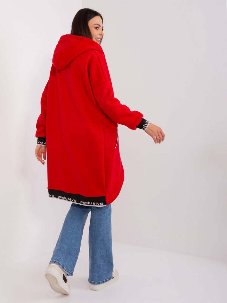 Bluza długa czerwony casual sportowy kaptur rękaw długi długość kieszenie ocieplenie suwak