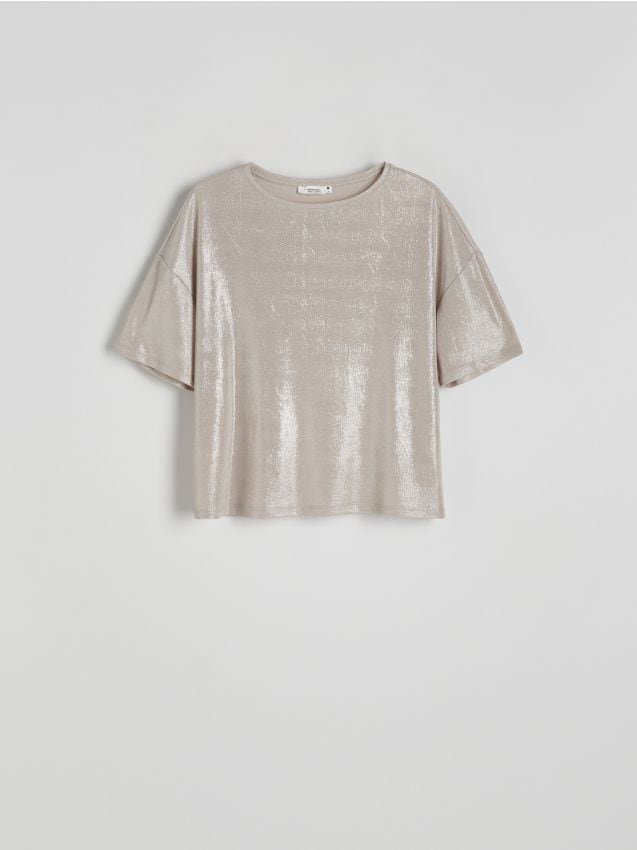 Reserved - T-shirt boxy z metalicznym efektem - srebrny