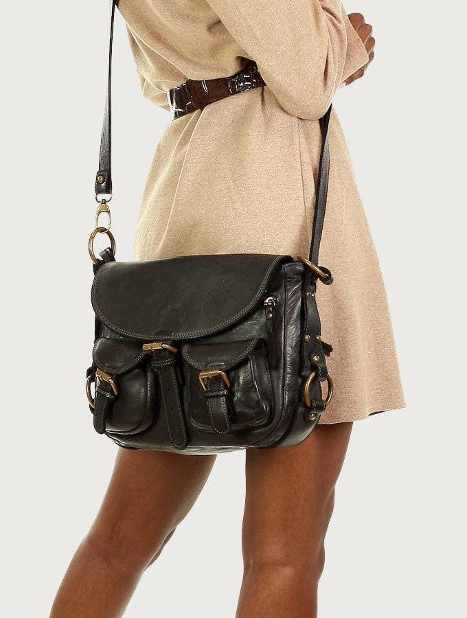 SERENELLA - Skórzana Włoska torebka listonoszka z kieszeniami  handmade bag czarna
