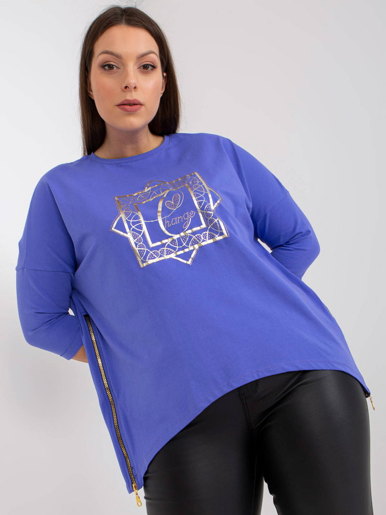 Bluzka plus size fioletowy casual codzienna dekolt okrągły rękaw 3/4 dżety zamek