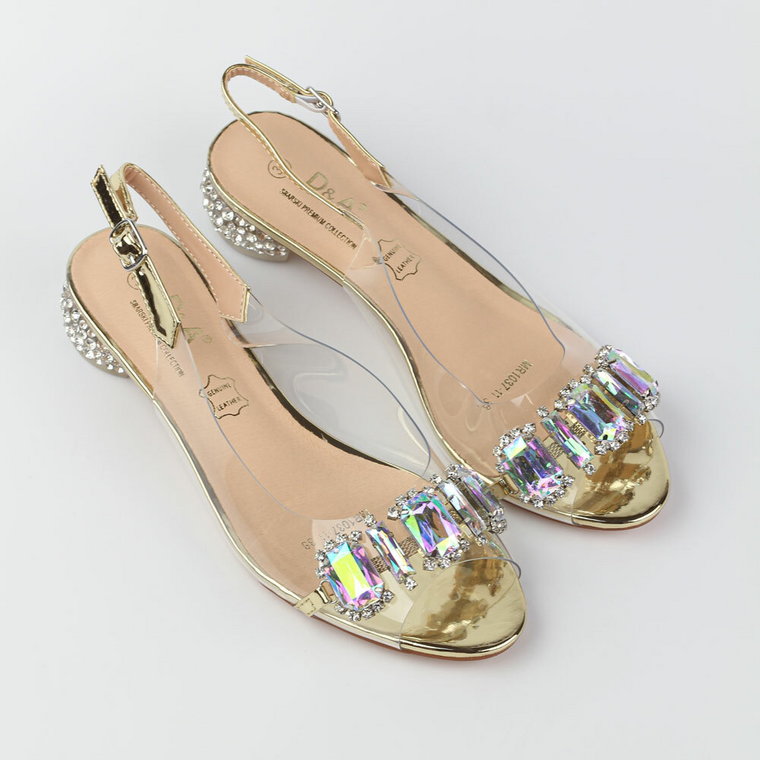 Złote silikonowe sandały damskie na obcasie z kryształami, transparent