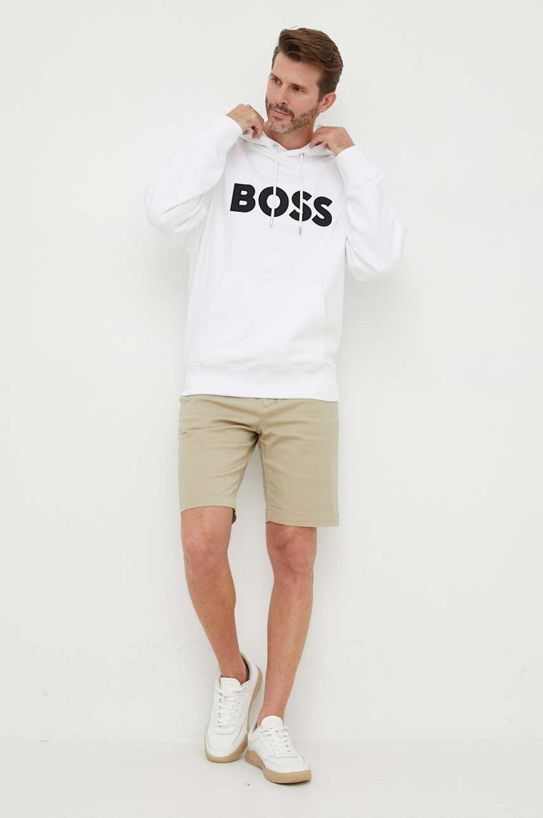 BOSS bluza bawełniana męska kolor biały z kapturem z aplikacją