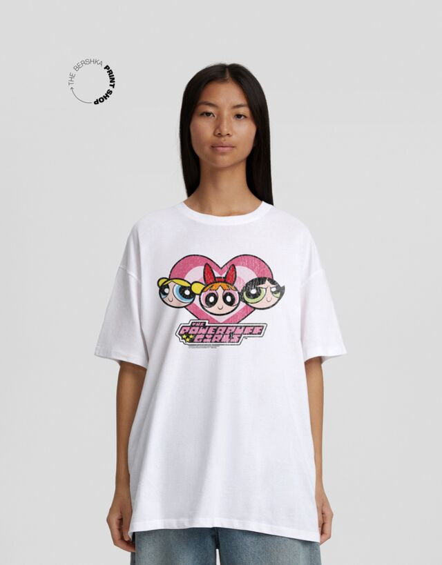 Bershka Koszulka Oversize Z Krótkim Rękawem I Nadrukiem Atomówek Kobieta Xs Biały