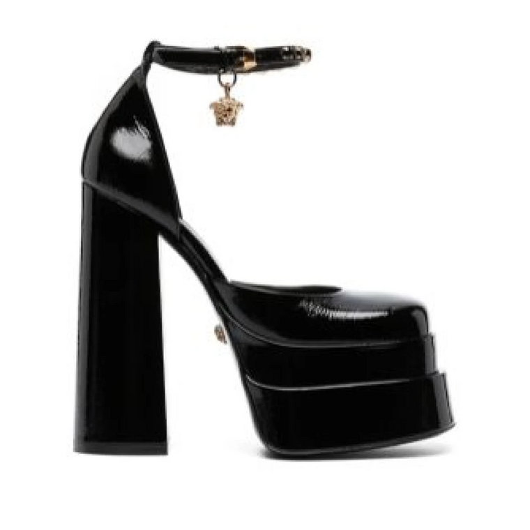Czarne Skórzane Sandały na Platformie Versace