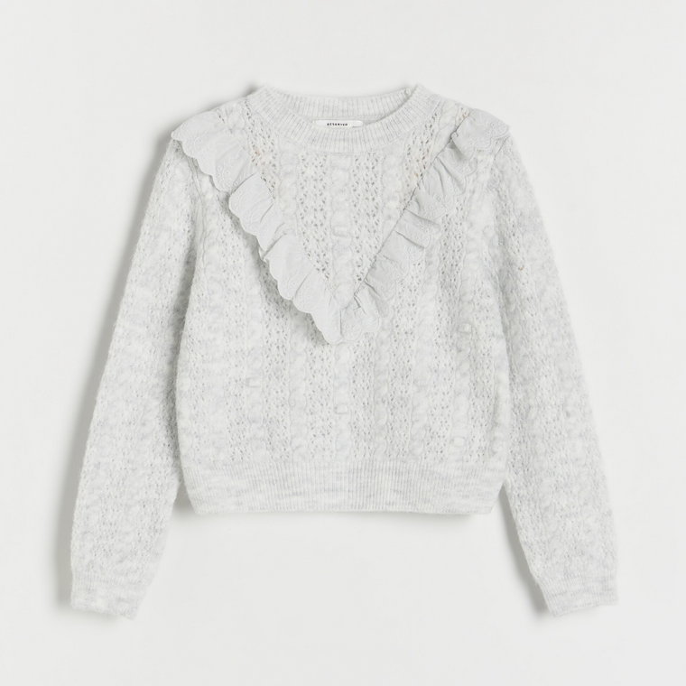 Reserved - Dzianinowy sweter z falbaną - jasnoszary