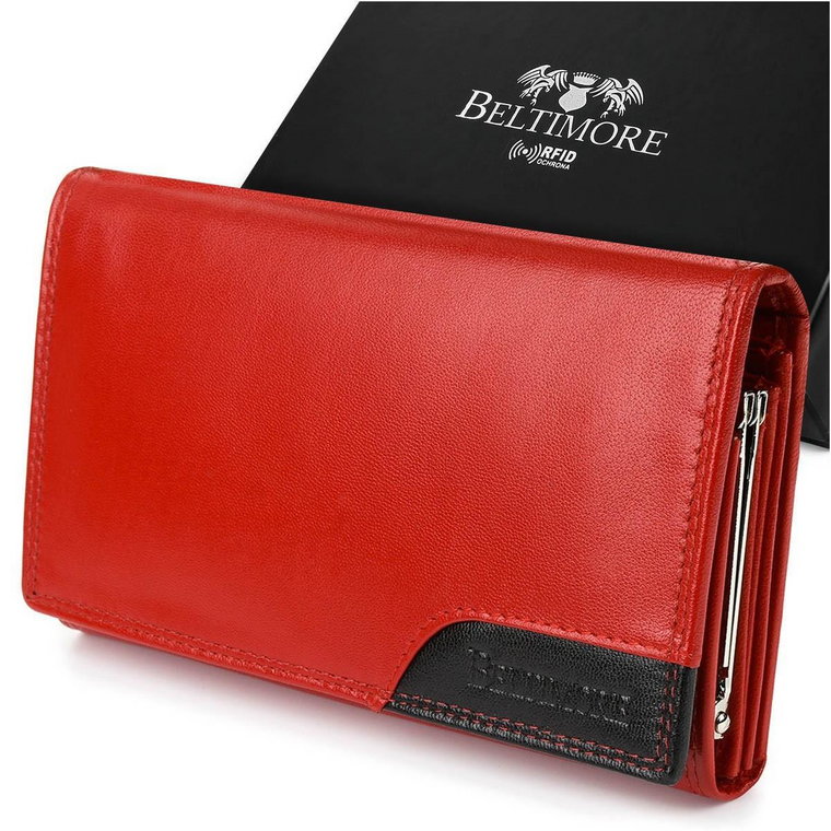 Damski skórzany portfel duży poziomy z biglem RFiD czerwony BELTIMORE czerwony