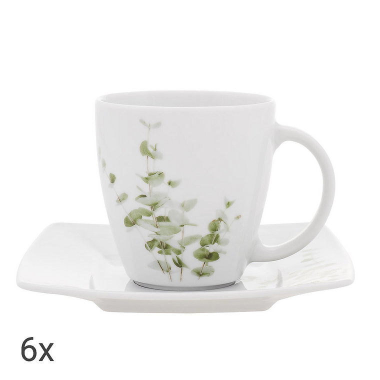 Komplet 6 filiżanek ze spodkiem, 12 el., eukaliptus, porcelana, biały