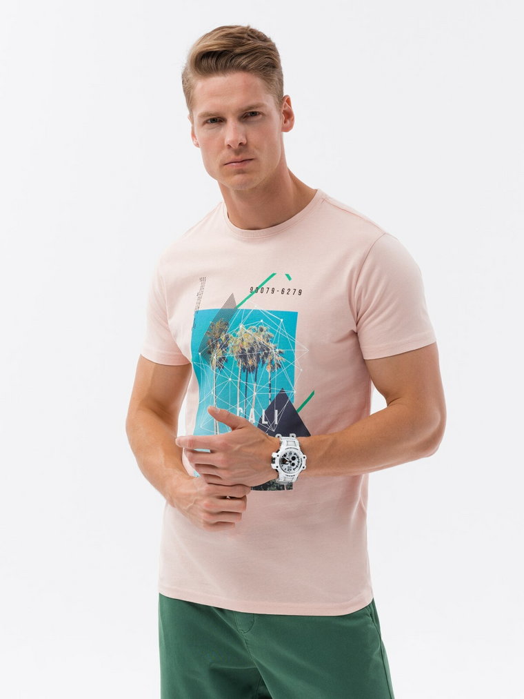 T-shirt męski bawełniany z nadrukiem - różowa V2 S1738