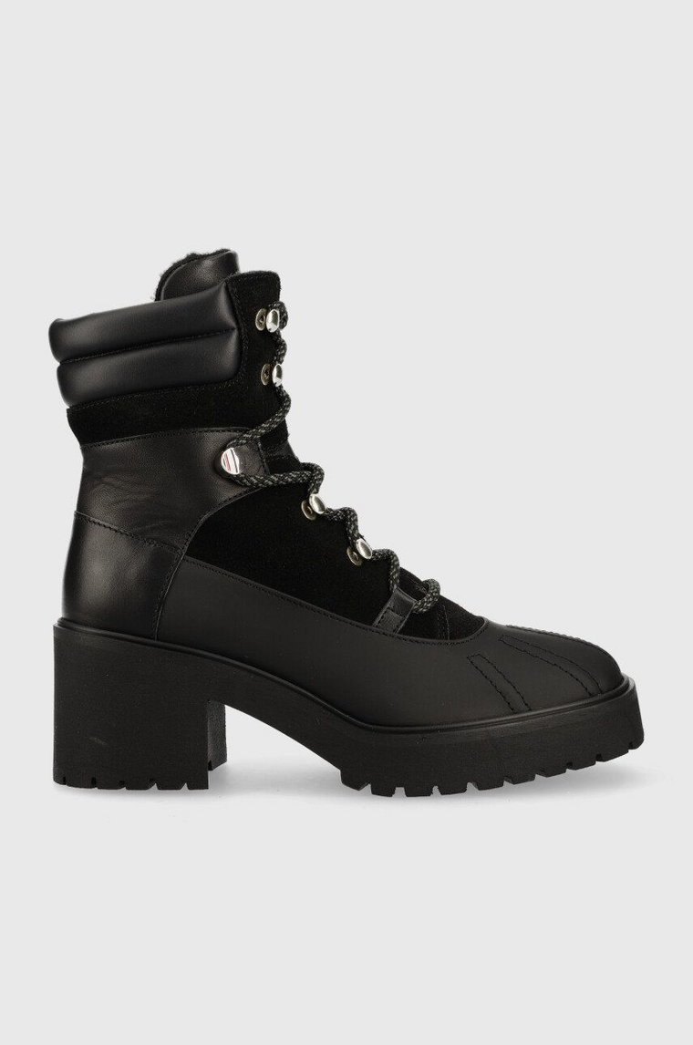 Tommy Hilfiger botki skórzane Heel Laced Outdoor Boot damskie kolor czarny na słupku lekko ocieplone