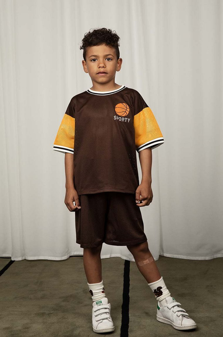 Mini Rodini t-shirt dziecięcy Basket kolor brązowy z nadrukiem