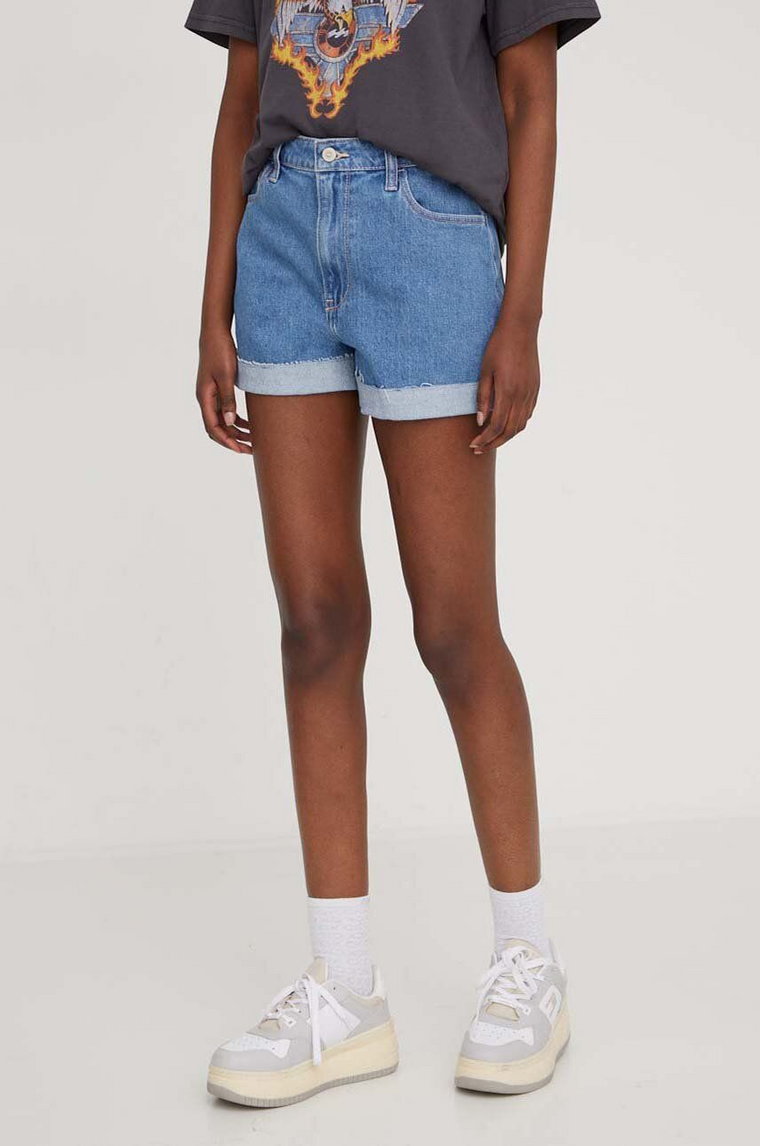 Hollister Co. szorty jeansowe damskie kolor niebieski gładkie high waist