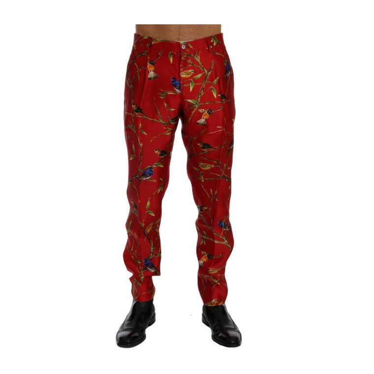 Czerwone Jedwabne Spodnie z Wzorem Ptaków Dolce & Gabbana