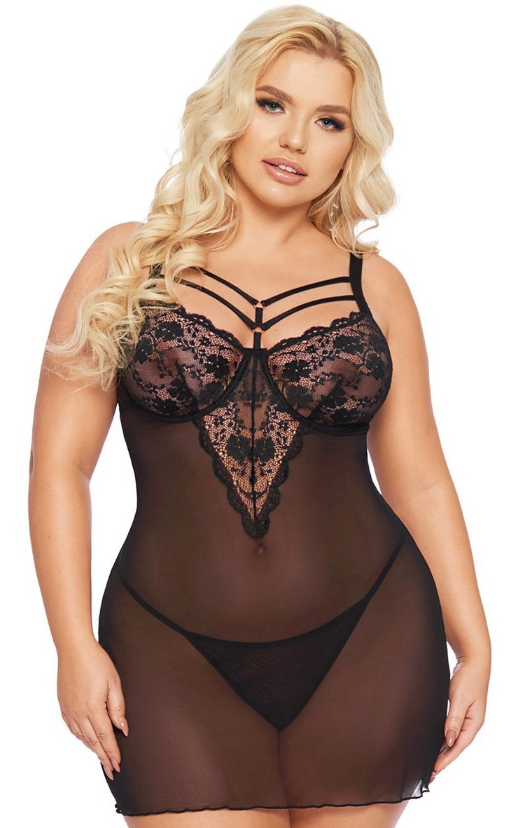 Zmysłowa czarna koszulka i stringi plus size Aldona, Kolor czarny, Rozmiar XL, SoftLine Collection