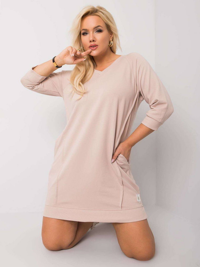 Sukienka plus size beżowy casual codzienna dekolt w kształcie V rękaw 3/4 długość mini