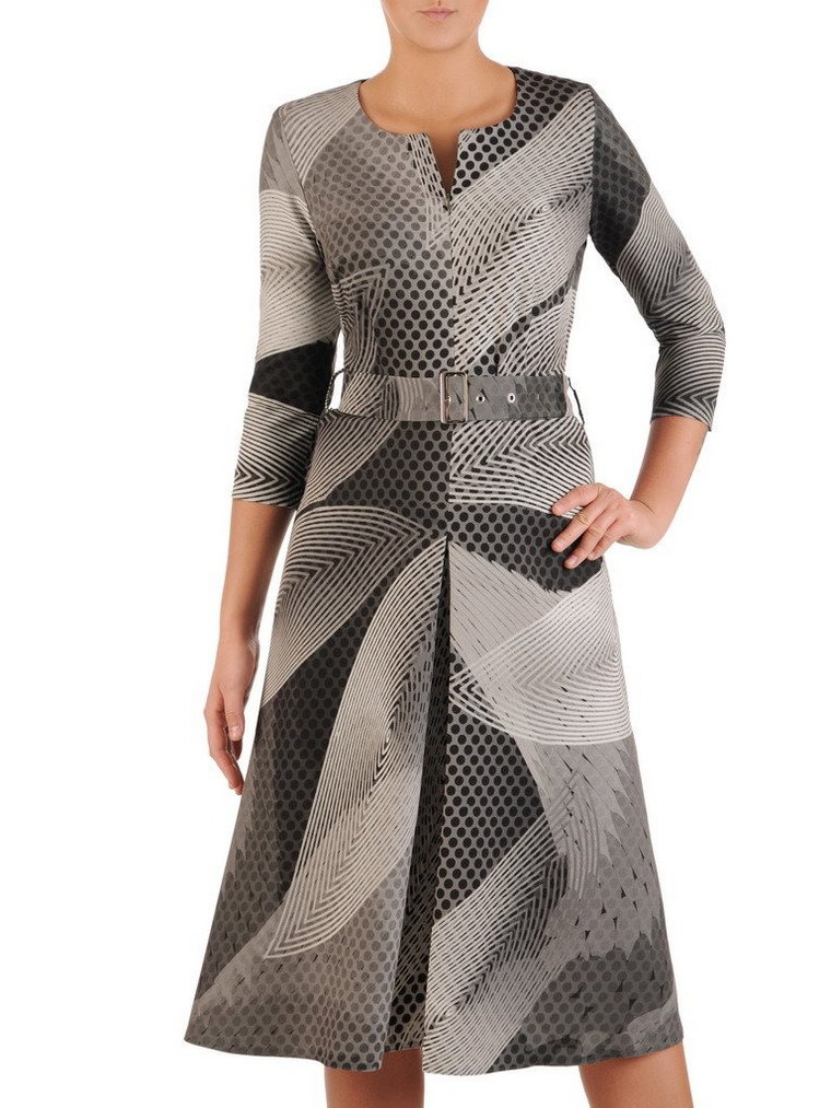 Rozkloszowana sukienka z tkaniny, kreacja z suwakiem na dekolcie 23153