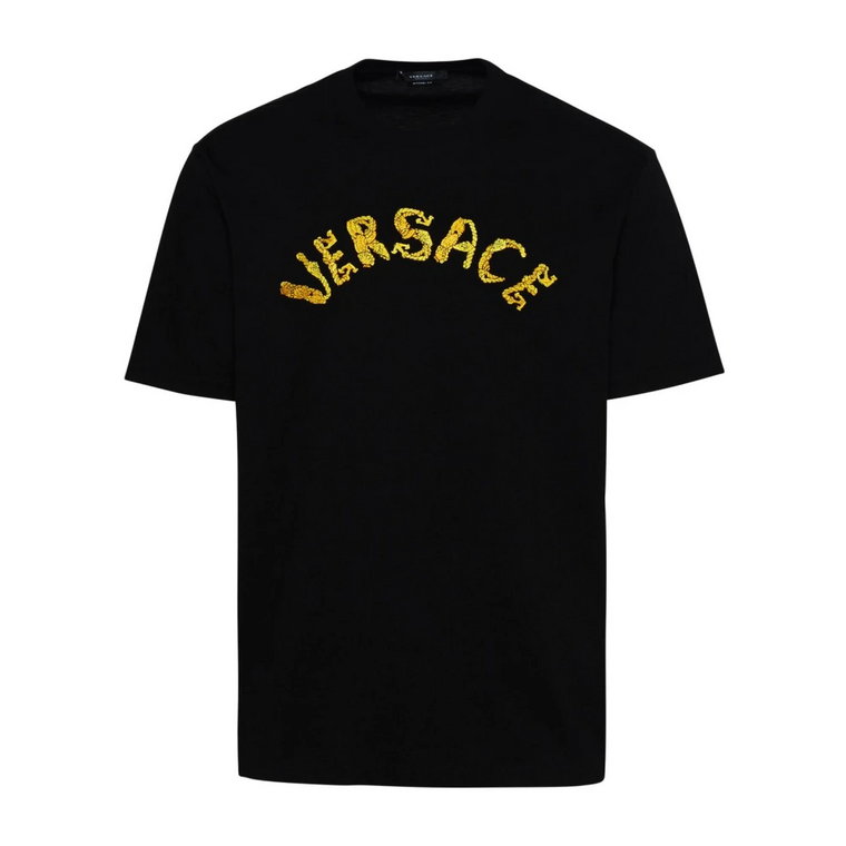 Czarna bawełniana koszulka z okrągłym dekoltem i haftowanym logo Versace