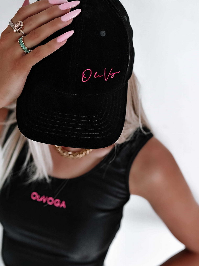 Czapka damska z daszkiem OLAVOGA VELVET CAP czarna - neon róż logo