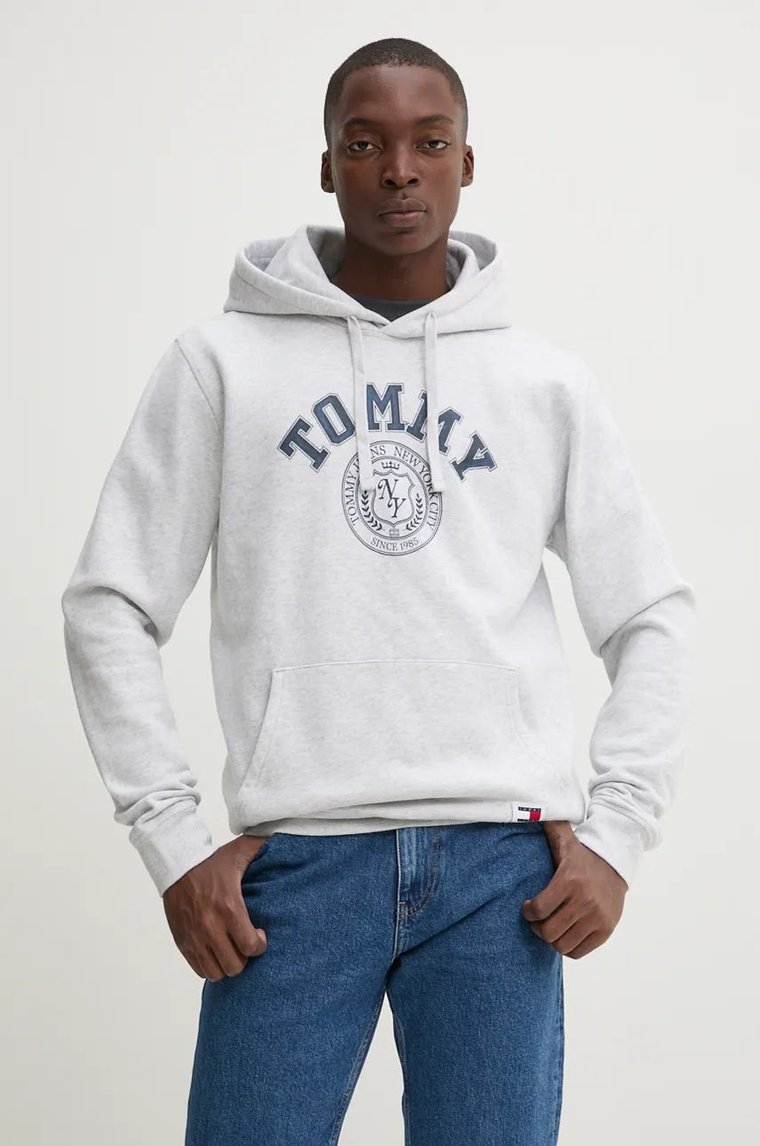 Tommy Jeans bluza męska kolor szary z kapturem z nadrukiem DM0DM19235