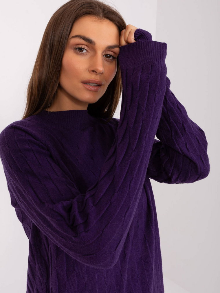 Sweter klasyczny ciemny fioletowy casual dekolt okrągły rękaw długi