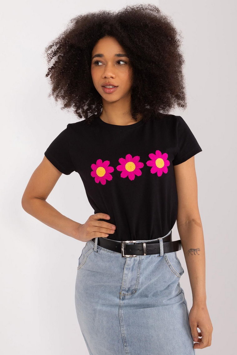 T-Shirt Z Aplikacją W Kwiaty czarny