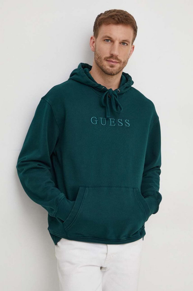 Guess bluza bawełniana FINCH męska kolor zielony z kapturem z aplikacją M4RQ33 K9YI1