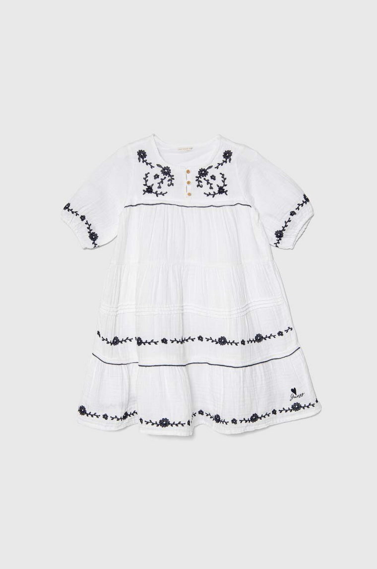 Guess sukienka bawełniana dziecięca kolor biały midi rozkloszowana