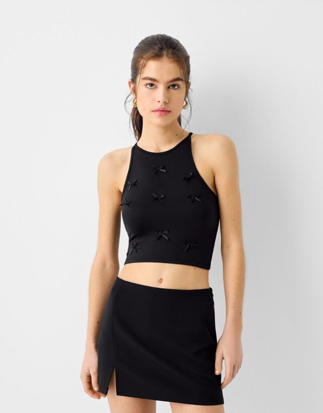 Bershka Top Z Dekoltem Halter Z Kokardkami Kobieta L Czarny