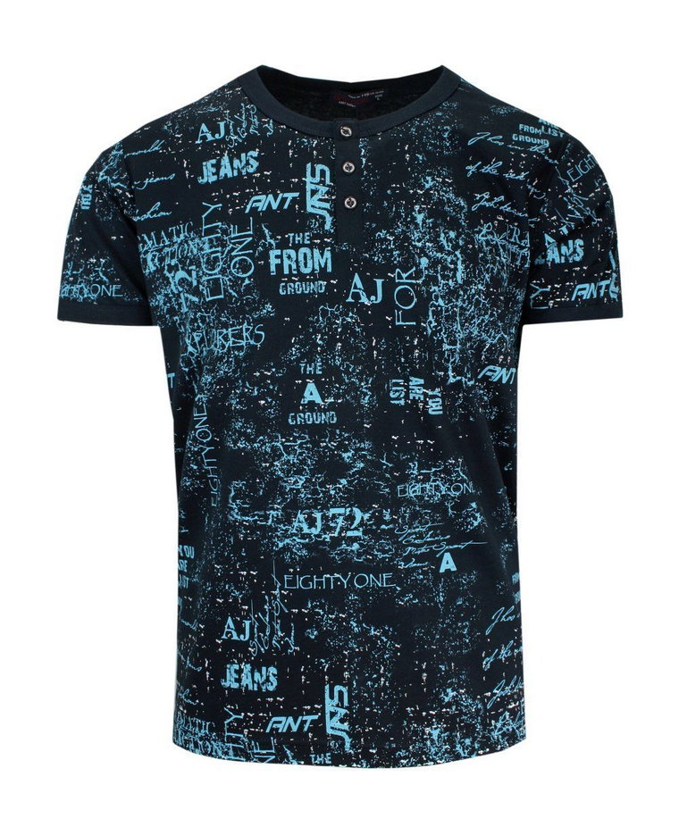 T-Shirt Męski Granatowy z Nadrukiem, z Guziczkami, U-neck, Koszulka, Krótki Rękaw