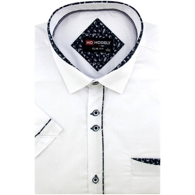 Koszula Męska Elegancka Wizytowa do garnituru gładka biała z lamówką z krótkim rękawem w kroju SLIM FIT Modely N849
