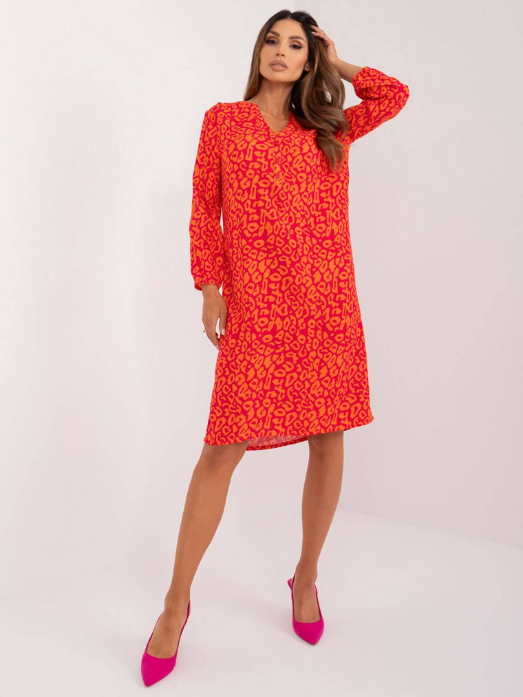 Sukienka z printem fuksjowy letnia dekolt stójka w kształcie V rękaw 3/4 długość midi odzież ekologiczna guziki