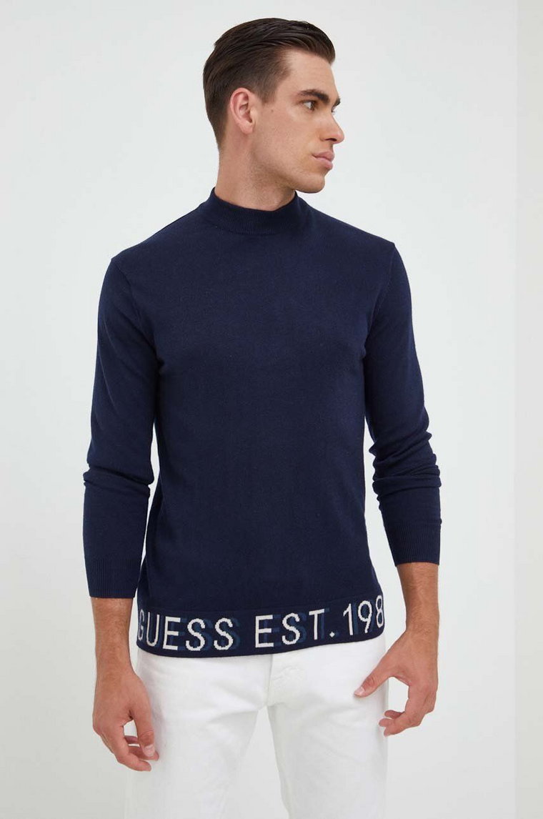 Guess sweter z domieszką jedwabiu kolor granatowy lekki