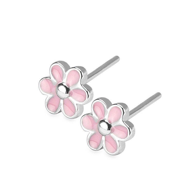 Kolczyki srebrne pokryte różową emalią - kwiaty - Mini