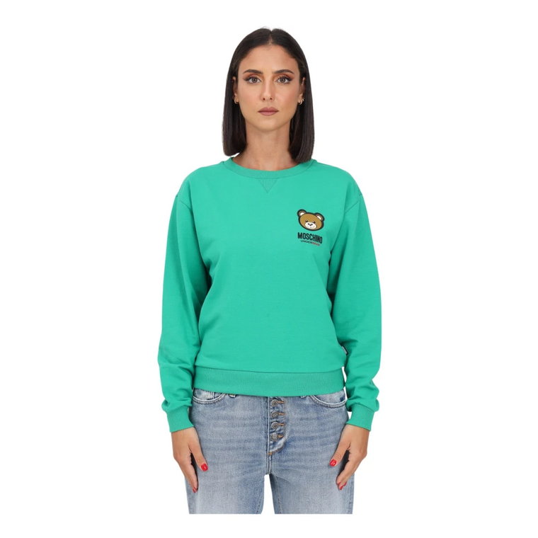 Zielony Sweter z Okrągłym Dekoltem, Logo i Misiem Moschino