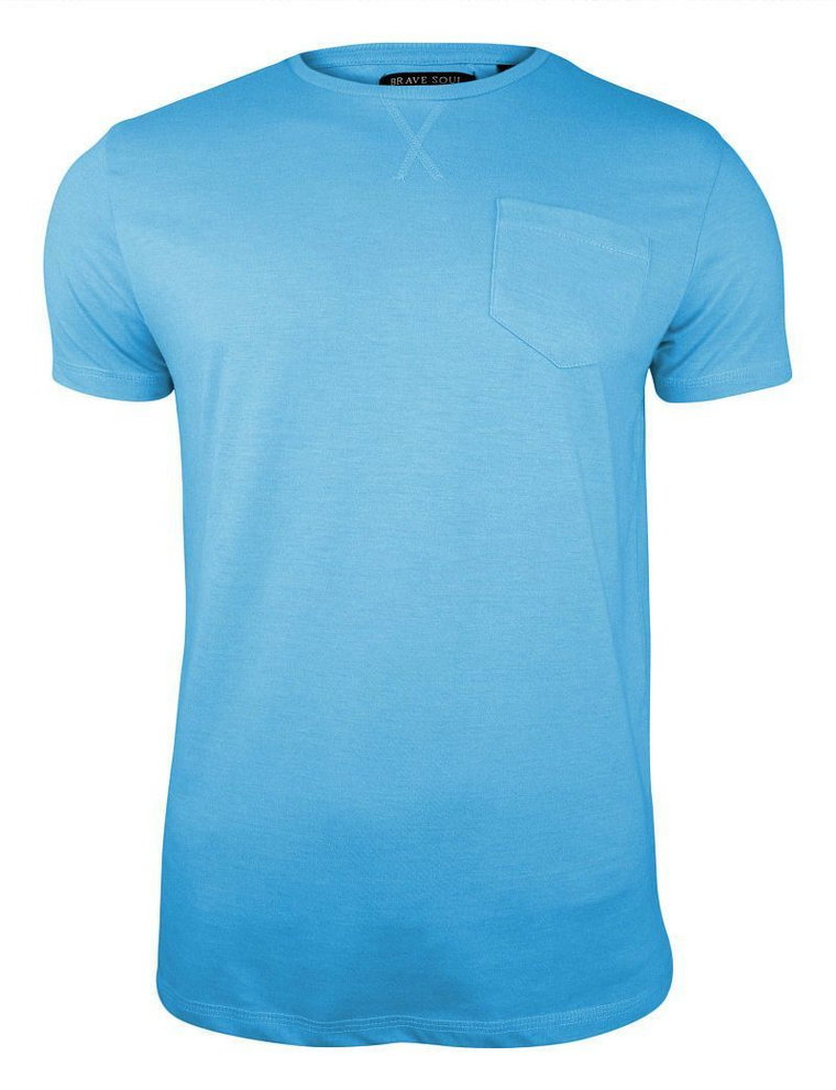 Błękitny T-Shirt (Koszulka) z Kieszonką, Bez Nadruku -Brave Soul- Męski, Okrągły Dekolt, Niebieski
