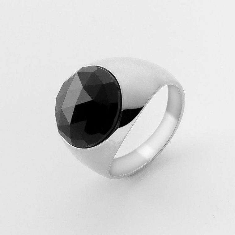 Męski sygnet z czarnym kryształem : ROZMIAR PIERŚCIONKA - SREBRO - 21 |UK:T | Φ19,33 MM, Srebro - kolor pokrycia - Platyną