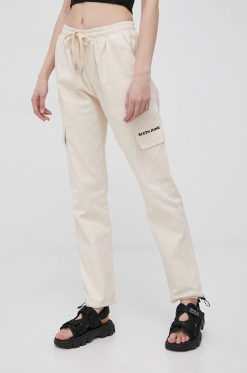 Sixth June spodnie damskie kolor beżowy fason cargo high waist
