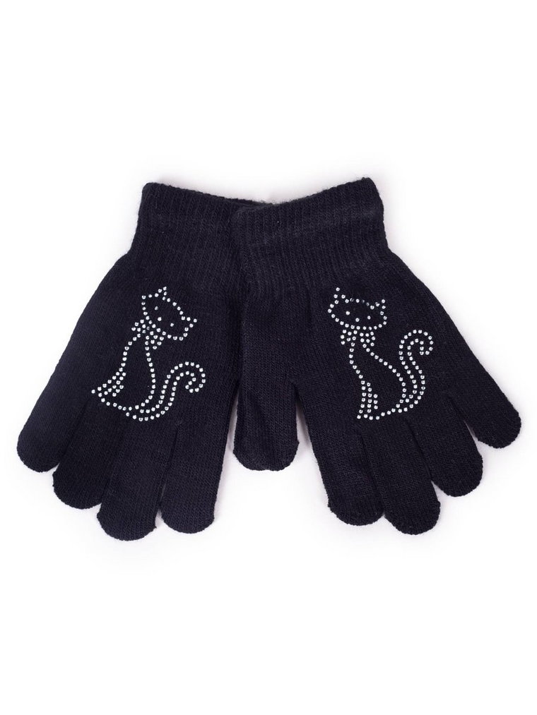 Rękawiczki dziewczęce pięciopalczaste z jetami czarne z kotkiem 16 cm YOCLUB