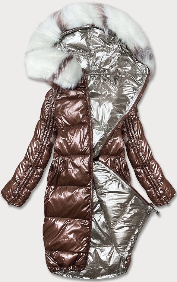 Dwustronna metaliczna kurtka zimowa brązowo-beżowa (p21-7901-296+62)